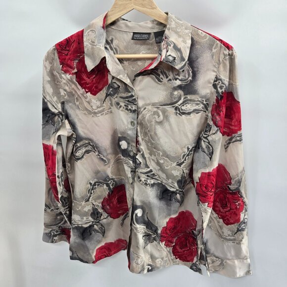 Additions by Chico's Cream Gray Red Roses Button Down Long Sleeved Shirt 0/XS - Picture 1 of 11
